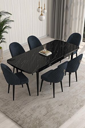 Rovena Modica Siyah Mermer 80x132 Açılabilir Suntalam Yemek Odası Takımı 6 Adet Sandalye