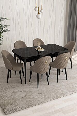 Rovena Modica Siyah Mermer 80x132 Açılabilir Suntalam Yemek Odası Takımı 6 Adet Sandalye