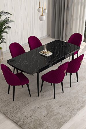 Rovena Modica Siyah Mermer 80x132 Açılabilir Suntalam Yemek Odası Takımı 6 Adet Sandalye