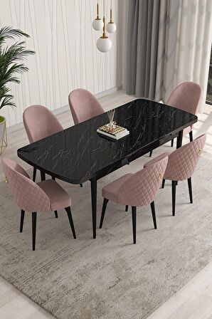 Rovena Modica Siyah Mermer 80x132 Açılabilir Suntalam Yemek Odası Takımı 6 Adet Sandalye