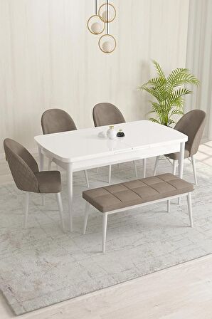 Rovena Olbia Beyaz 80x132 Açılabilir Suntalam Yemek Odası Takımı 4 Adet Sandalye+1 Bench