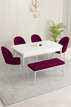 Rovena Olbia Beyaz 80x132 Açılabilir Suntalam Yemek Odası Takımı 4 Adet Sandalye+1 Bench
