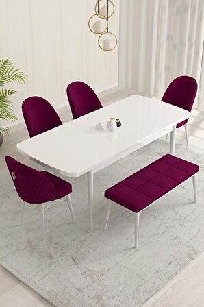 Rovena Olbia Beyaz 80x132 Açılabilir Suntalam Yemek Odası Takımı 4 Adet Sandalye+1 Bench