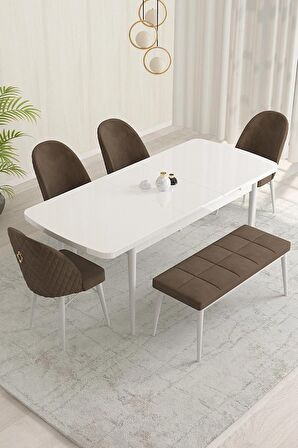 Rovena Olbia Beyaz 80x132 Açılabilir Suntalam Yemek Odası Takımı 4 Adet Sandalye+1 Bench