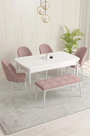 Rovena Olbia Beyaz 80x132 Açılabilir Suntalam Yemek Odası Takımı 4 Adet Sandalye+1 Bench