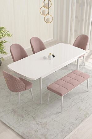Rovena Olbia Beyaz 80x132 Açılabilir Suntalam Yemek Odası Takımı 4 Adet Sandalye+1 Bench