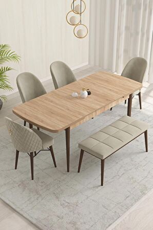 Rovena Olbia Meşe 80x132 Açılabilir Suntalam Yemek Odası Takımı 4 Adet Sandalye+1 Bench