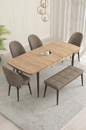 Rovena Olbia Meşe 80x132 Açılabilir Suntalam Yemek Odası Takımı 4 Adet Sandalye+1 Bench