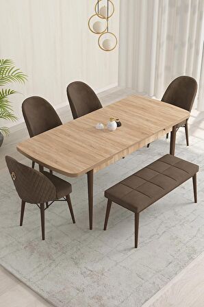 Rovena Olbia Meşe 80x132 Açılabilir Suntalam Yemek Odası Takımı 4 Adet Sandalye+1 Bench