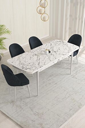 Rovena Olbia Beyaz Mermer 80x132 Açılabilir Suntalam Yemek Odası Takımı 4 Adet Sandalye