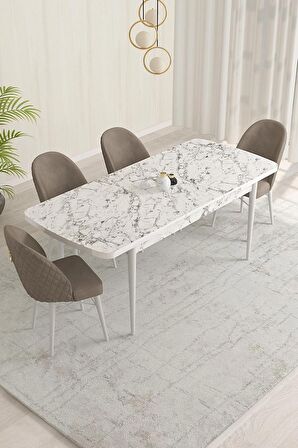 Rovena Olbia Beyaz Mermer 80x132 Açılabilir Suntalam Yemek Odası Takımı 4 Adet Sandalye