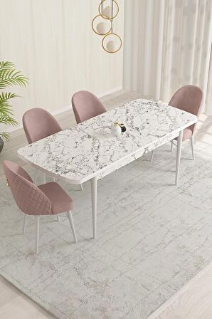 Rovena Olbia Beyaz Mermer 80x132 Açılabilir Suntalam Yemek Odası Takımı 4 Adet Sandalye