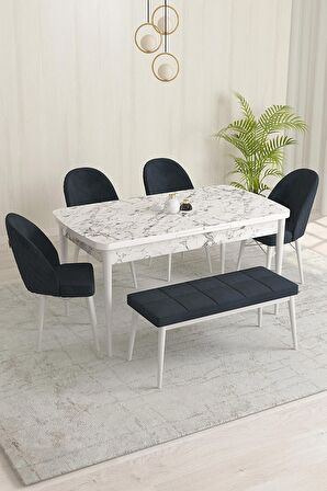 Rovena Olbia Beyaz Mermer 80x132 Açılabilir Suntalam Yemek Odası Takımı 4 Adet Sandalye+1 Bench