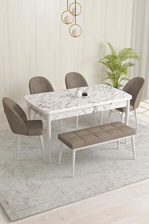 Rovena Olbia Beyaz Mermer 80x132 Açılabilir Suntalam Yemek Odası Takımı 4 Adet Sandalye+1 Bench