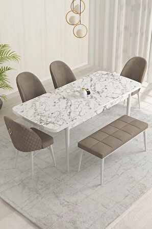 Rovena Olbia Beyaz Mermer 80x132 Açılabilir Suntalam Yemek Odası Takımı 4 Adet Sandalye+1 Bench