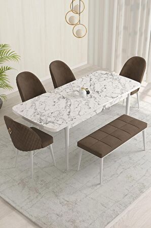 Rovena Olbia Beyaz Mermer 80x132 Açılabilir Suntalam Yemek Odası Takımı 4 Adet Sandalye+1 Bench