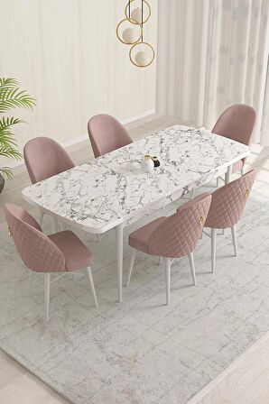 Rovena Olbia Beyaz Mermer 80x132 Açılabilir Suntalam Yemek Odası Takımı 6 Adet Sandalye