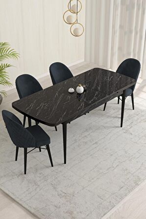 Rovena Olbia Siyah Mermer 80x132 Açılabilir Suntalam Yemek Odası Takımı 4 Adet Sandalye