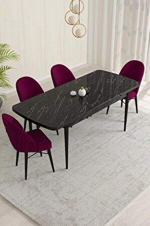 Rovena Olbia Siyah Mermer 80x132 Açılabilir Suntalam Yemek Odası Takımı 4 Adet Sandalye