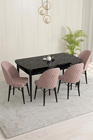 Rovena Olbia Siyah Mermer 80x132 Açılabilir Suntalam Yemek Odası Takımı 4 Adet Sandalye