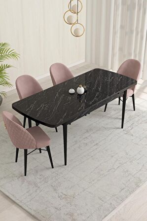 Rovena Olbia Siyah Mermer 80x132 Açılabilir Suntalam Yemek Odası Takımı 4 Adet Sandalye