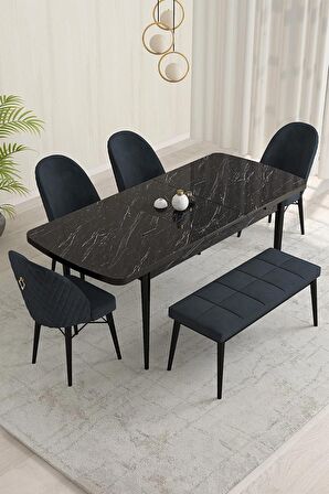Rovena Olbia Siyah Mermer 80x132 Açılabilir Suntalam Yemek Odası Takımı 4 Adet Sandalye+1 Bench