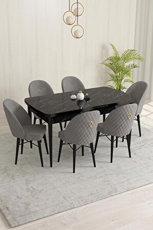 Rovena Olbia Siyah Mermer 80x132 Açılabilir Suntalam Yemek Odası Takımı 6 Adet Sandalye
