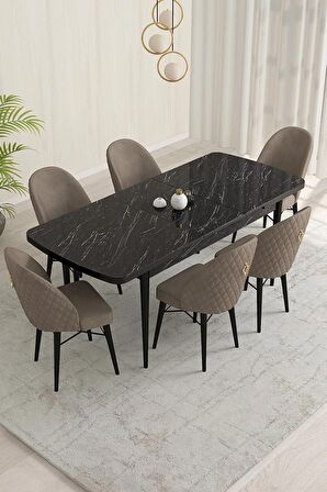 Rovena Olbia Siyah Mermer 80x132 Açılabilir Suntalam Yemek Odası Takımı 6 Adet Sandalye