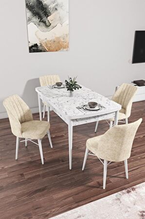 Rovena Novana Beyaz Mermer 80x132 Açılabilir Suntalam Yemek Odası Takımı 4 Adet Sandalye