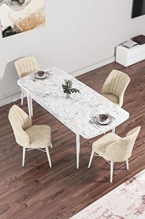 Rovena Novana Beyaz Mermer 80x132 Açılabilir Suntalam Yemek Odası Takımı 4 Adet Sandalye