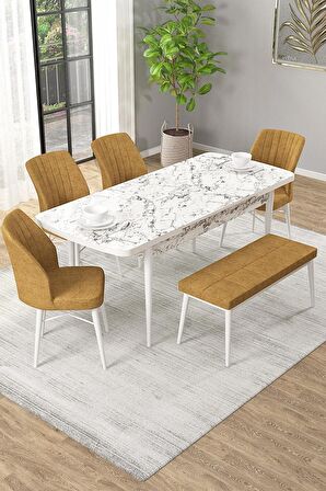 Rovena Novana Beyaz Mermer 80x132 Açılabilir Suntalam Yemek Odası Takımı 4 Adet Sandalye + 1 Bench