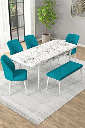 Rovena Novana Beyaz Mermer 80x132 Açılabilir Suntalam Yemek Odası Takımı 4 Adet Sandalye + 1 Bench