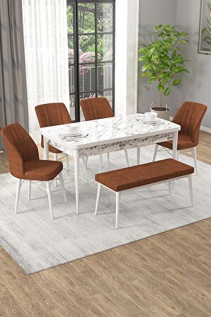 Rovena Novana Beyaz Mermer 80x132 Açılabilir Suntalam Yemek Odası Takımı 4 Adet Sandalye + 1 Bench