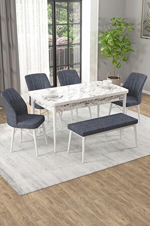 Rovena Novana Beyaz Mermer 80x132 Açılabilir Suntalam Yemek Odası Takımı 4 Adet Sandalye + 1 Bench