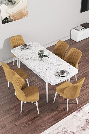 Rovena Novana Beyaz Mermer 80x132 Açılabilir Suntalam Yemek Odası Takımı 6 Adet Sandalye