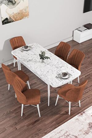 Rovena Novana Beyaz Mermer 80x132 Açılabilir Suntalam Yemek Odası Takımı 6 Adet Sandalye
