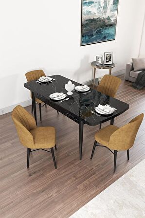 Rovena Novana Siyah Mermer 80x132 Açılabilir Suntalam Yemek Odası Takımı 4 Adet Sandalye