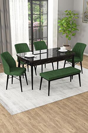 Rovena Novana Siyah Mermer 80x132 Açılabilir Suntalam Yemek Odası Takımı 4 Adet Sandalye + 1 Bench