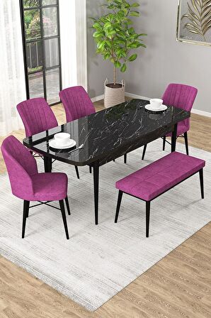 Rovena Novana Siyah Mermer 80x132 Açılabilir Suntalam Yemek Odası Takımı 4 Adet Sandalye + 1 Bench