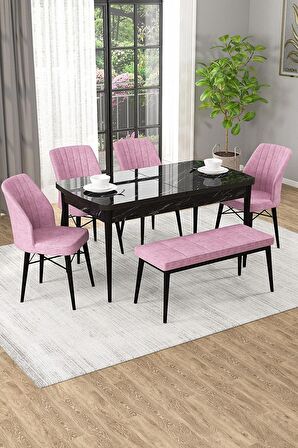 Rovena Novana Siyah Mermer 80x132 Açılabilir Suntalam Yemek Odası Takımı 4 Adet Sandalye + 1 Bench