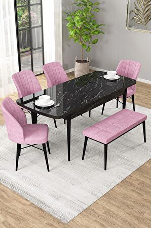Rovena Novana Siyah Mermer 80x132 Açılabilir Suntalam Yemek Odası Takımı 4 Adet Sandalye + 1 Bench