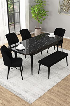 Rovena Novana Siyah Mermer 80x132 Açılabilir Suntalam Yemek Odası Takımı 4 Adet Sandalye + 1 Bench