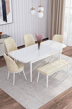 Rovena Marin Beyaz 80x132 Açılabilir Suntalam Yemek Odası Takımı 4 Adet Sandalye + 1 Bench