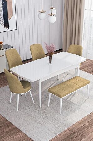 Rovena Marin Beyaz 80x132 Açılabilir Suntalam Yemek Odası Takımı 4 Adet Sandalye + 1 Bench