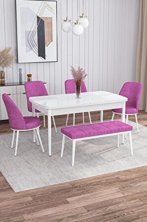 Rovena Marin Beyaz 80x132 Açılabilir Suntalam Yemek Odası Takımı 4 Adet Sandalye + 1 Bench