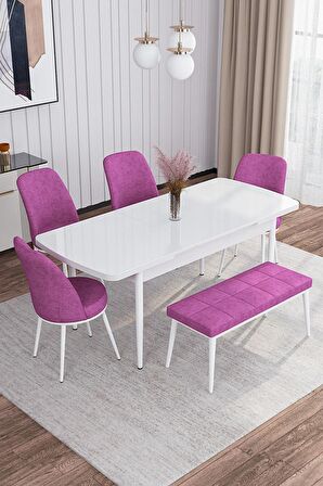 Rovena Marin Beyaz 80x132 Açılabilir Suntalam Yemek Odası Takımı 4 Adet Sandalye + 1 Bench