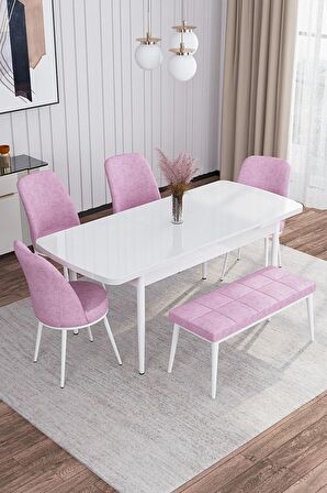 Rovena Marin Beyaz 80x132 Açılabilir Suntalam Yemek Odası Takımı 4 Adet Sandalye + 1 Bench