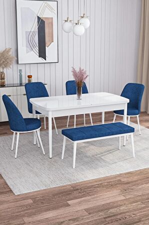 Rovena Marin Beyaz 80x132 Açılabilir Suntalam Yemek Odası Takımı 4 Adet Sandalye + 1 Bench