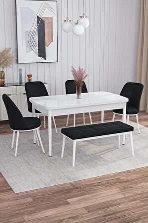 Rovena Marin Beyaz 80x132 Açılabilir Suntalam Yemek Odası Takımı 4 Adet Sandalye + 1 Bench