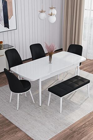 Rovena Marin Beyaz 80x132 Açılabilir Suntalam Yemek Odası Takımı 4 Adet Sandalye + 1 Bench